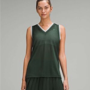lululemon athletica Dark Green Sleeveless V-Neck Mesh Tank with White Trim